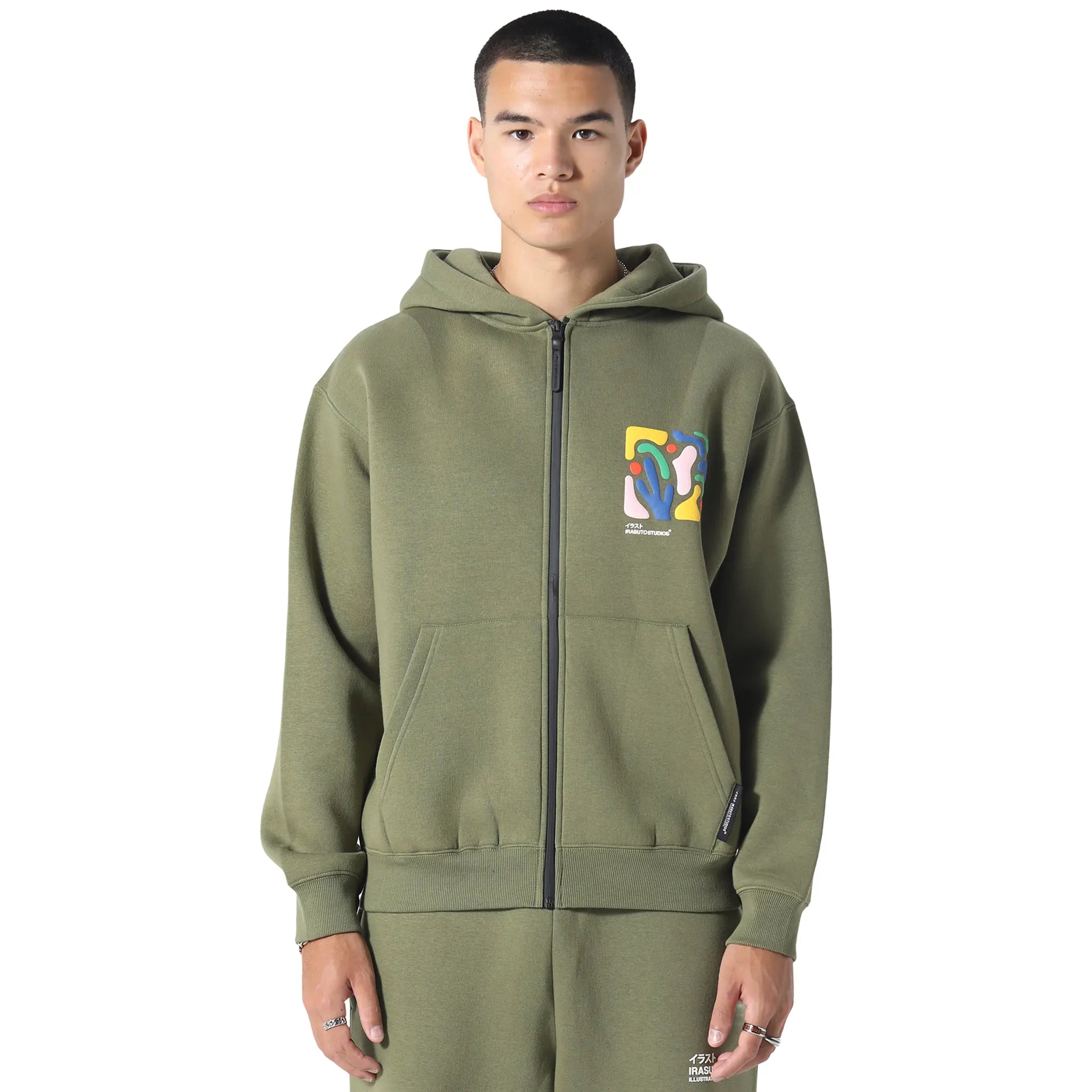 Front View of Irasuto Studios Shikaku Form Khaki Zip-Up Hoodie 5060615214488